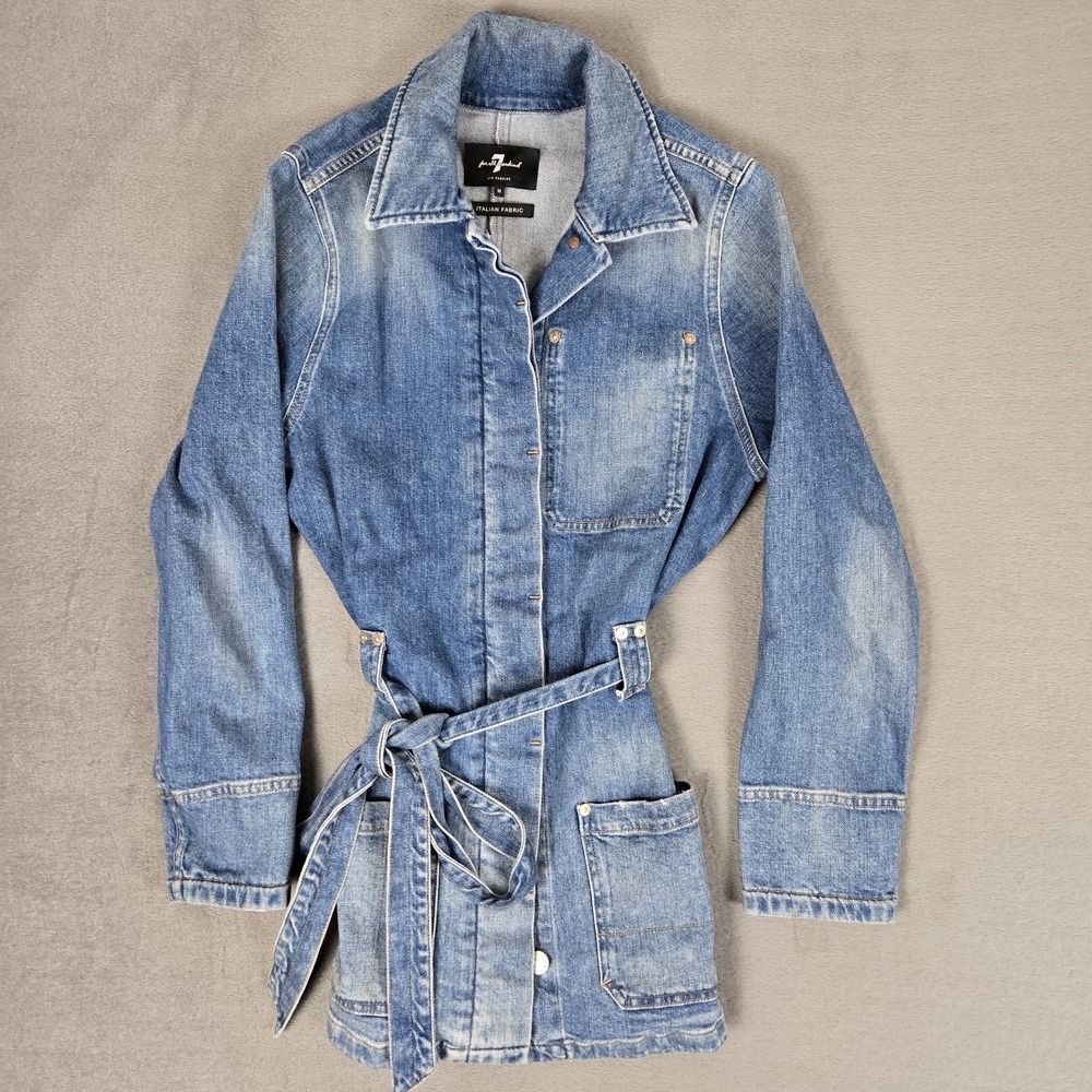 7 For All Mankind Belted Jean Jacket Womens Medium Denim Blue Long Painter Italy